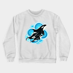 Orca whale and calf blue ink drawing Crewneck Sweatshirt